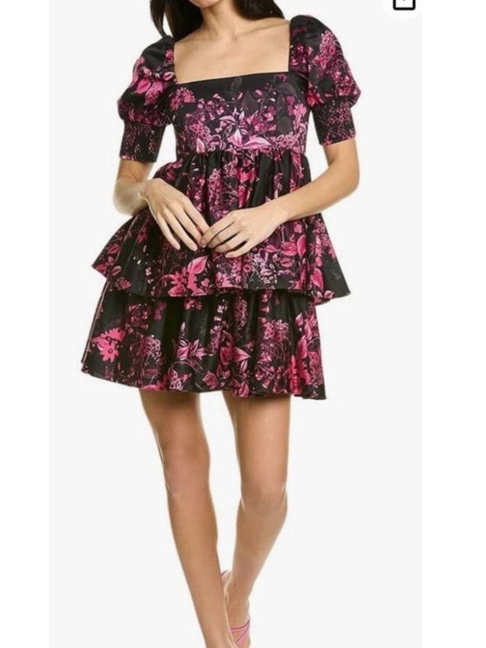 Alice + Olivia Black Pink Floral Puff Sleeve Tiered Mini Dress Wedding Guest 8
